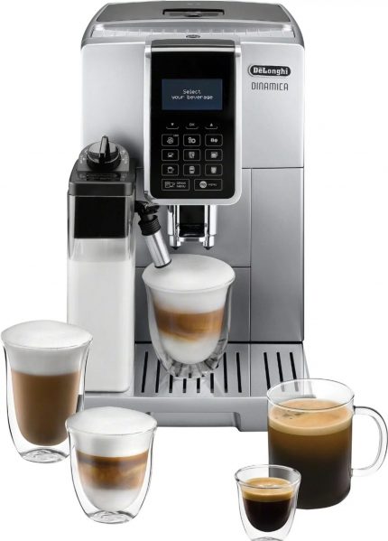 De'Longhi Dinamica Espresso Machine with 15 bars of pressure and Latte Crema Fully Automatic Milk Frother Silver